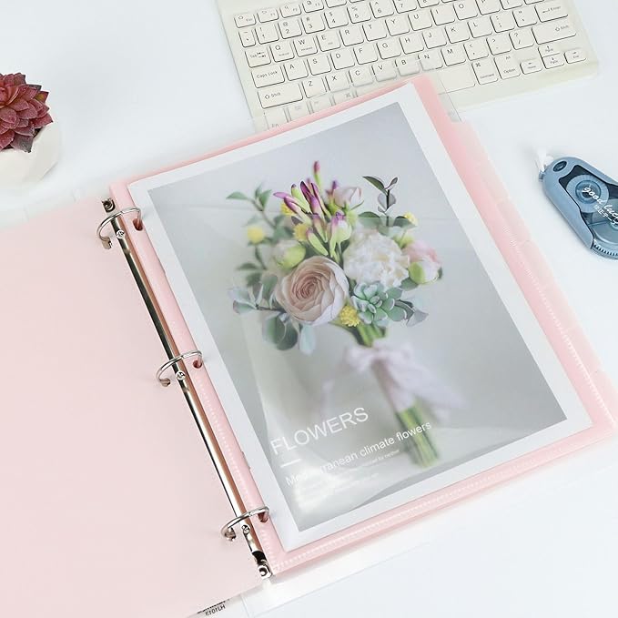 Koqye Binder Dividers with Pockets - 8 Plastic Dividers for 3 Ring Binders - A4 Bividers with Pocket & Tabs for Planners (Pink - 8 Tabs)