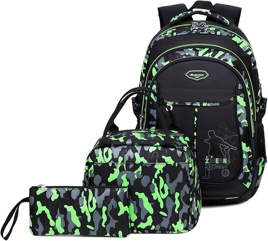 goldwheat School Backpack for Boys Cool Camouflage Bookbags with Lunch Box Pencil Case 3pcs for Middle School, Green