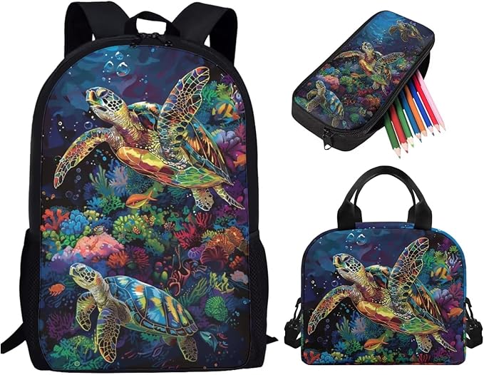 3D Sea Turtle Kids Backpack Set for Girls Boys, Large Book Bag with Lunch Box Pencil Case, Lightweight Kids School Bag Set for Elementary Primary Middle School Student, Blue and Green