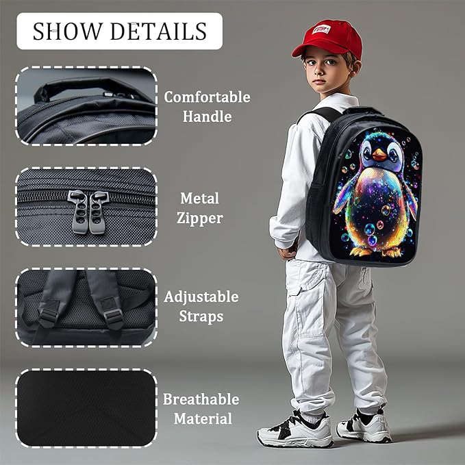 Cute Penguin Backpack Set 3 Piece School Bags and Lunch Box with Pencil Case Penguin Animal Bookbag Set for Toddler Kids Girls Boys Teens Kindergarten Elementary Middle