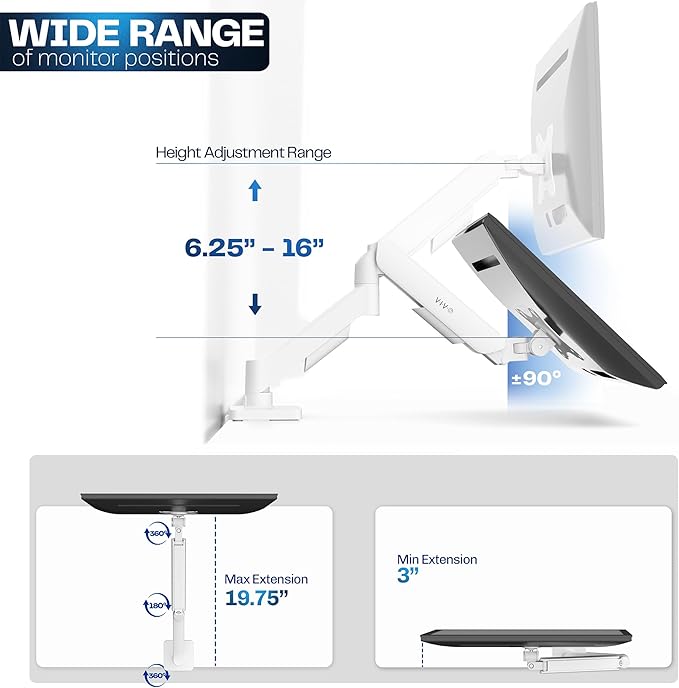 VIVO Single Monitor Stand, Fully Adjustable Arm for 17 to 32 inch Screen, Mechanical Articulating Desk Mount, Gaming and Office Setups, VESA 75x75, 100x100, Max 19.8 lbs, Classic, White, STAND-V001OW