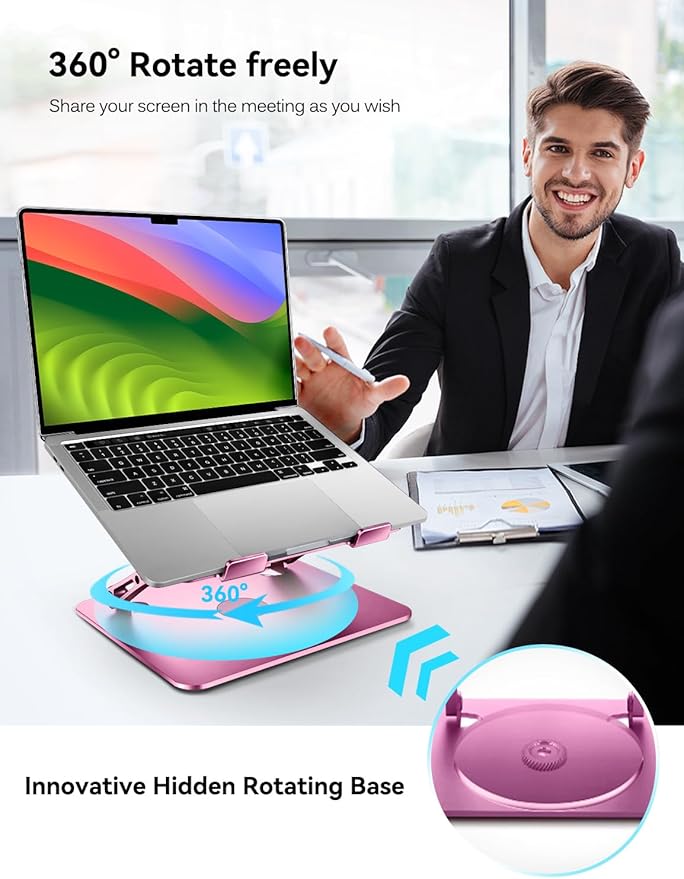 ivoler Adjustable Laptop Stand with 360° Rotating Base, Ergonomic Laptop Stand for Desk, Foldable & Portable Laptop Riser, Suitable for Collaborative Work, Fit MacBook Laptops up to 16 inches[Pink]