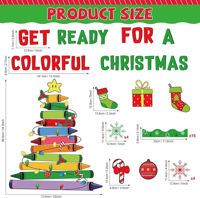 gisgfim Christmas Bulletin Board Decoration Set Colorful Crayon Christmas Tree Paper Cutouts Holiday Classroom Bulletin Board Decor for Xmas Winter Holiday Party School Door Home Wall(Crayon)