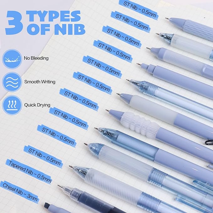 12Pcs Gel Pens Set, 11 Black Ink Pens, 1 Highlighter, Retractable 0.5mm Fine Point Pens for Office School (Navy Blue)