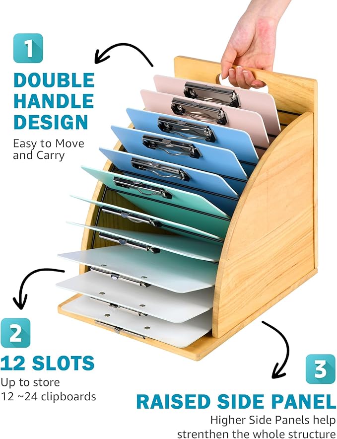HULISEN 2 Pack Clipboard Holder for Classroom & Office, Wooden Clipboard Storage Organizer with Raised Side Panel & Metal Slots, Wood Clip Board Stand Rack – Clip Board Not Included