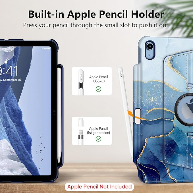 Fintie Rotating Case for iPad (A16) 11th Generation 11 Inch (2025), iPad 10th Generation 10.9 Inch (2022) - [Built-in Pencil Holder] 360 Degree Rotating Protective Stand Cover, Ocean Marble