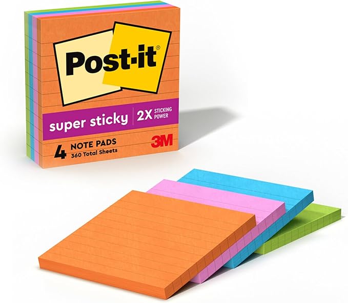 Post-it Super Sticky Notes, 4x4 in, 4 Pads, 2X The Sticking Power, Rio de Janerio Collection, Bright Colors (Orange, Pink, Blue, Green),Recyclable (675-4SSUC) (Pack of 6)
