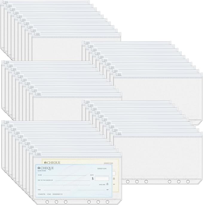 Antner 50pcs A6 Binder Pockets 6-Hole Budget Binder Inserts Cash Stuffing Envelopes for Budgeting, White Zipper Pouch Folders Loose Leaf Filling Bags Money Organizer for A6 6-Ring Planners and Binders