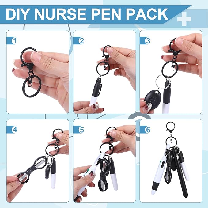6 Pcs Nurse Pens for Badge Set,Nurse Badge Accessories with Reel Pen,Nursing Accessories Healthcare with Pens,Highlighter and Permanent Marker Pen and Led Keychain Foldable Scissors(Black)