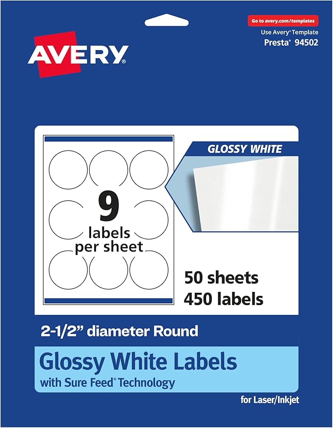 Avery Glossy White Round Labels, Sure Feed Technology, 2.5" Diameter, 450 Glossy White Labels, Print-to-The-Edge, Permanent Adhesive, Laser/Inkjet Printable