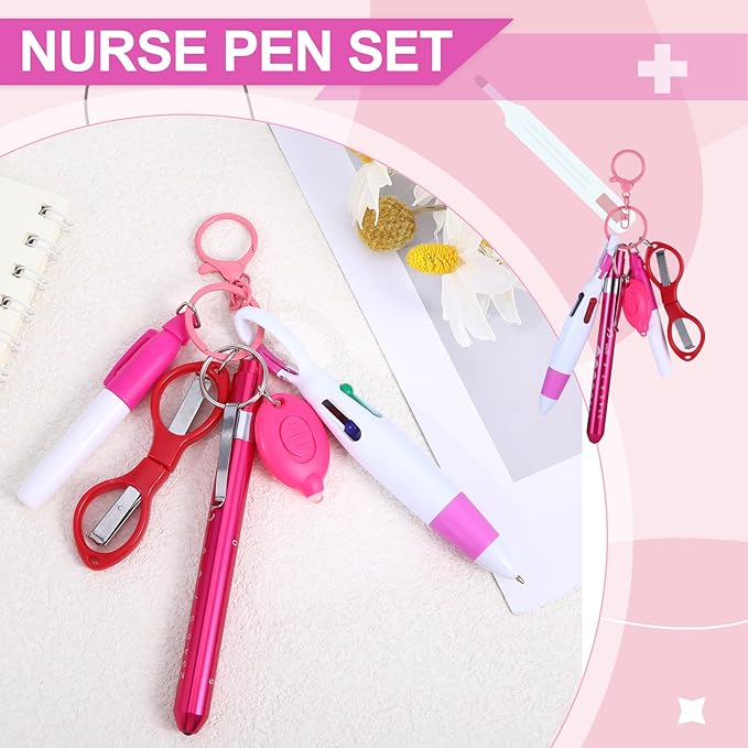 6 Pcs Nurse Pens for Badge Set,Nurse Badge Accessories with Reel Pen,Nursing Accessories Healthcare with Pens,Highlighter and Permanent Marker Pen and Led Keychain Foldable Scissors(Pink)