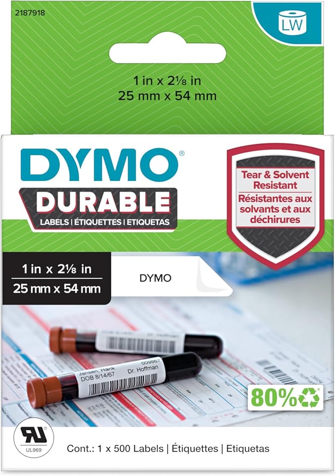 DYMO Authentic LabelWriter Durable Laboratory Labels 25mm x 54mm 500 Self-Adhesive Labels High-Performance for LabelWriter Label Makers