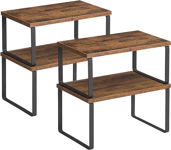 SONGMICS Cabinet Organizer Shelf, Set of 4 Kitchen Counter Shelves, Kitchen Storage, Spice Rack, Stackable, Expandable, Metal and Engineered Wood, Ink Black and Rustic Brown UKCS021X01