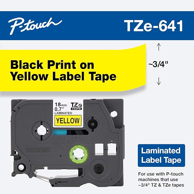 Brother Genuine P-Touch TZE-641 Tape, 3/4" (0.7") Standard Laminated P-Touch Tape, Black on Yellow, For Indoor or Outdoor Use, Water-Resistant, 26.2 ft (8 m), Single-Pack
