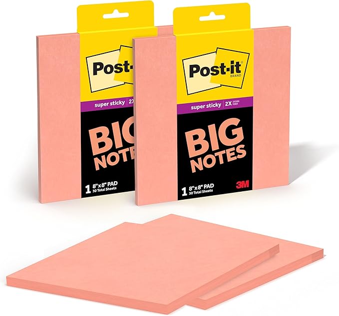 Post-it Super Sticky Big Notes, 8 in. x 8 in., Extra Large Sticky Notes in Papaya Fizz, 2 pads, 60 Sheets Total, Great for Vision Boards, Creative Projects, Study Spaces, Group Brainstorming, and More