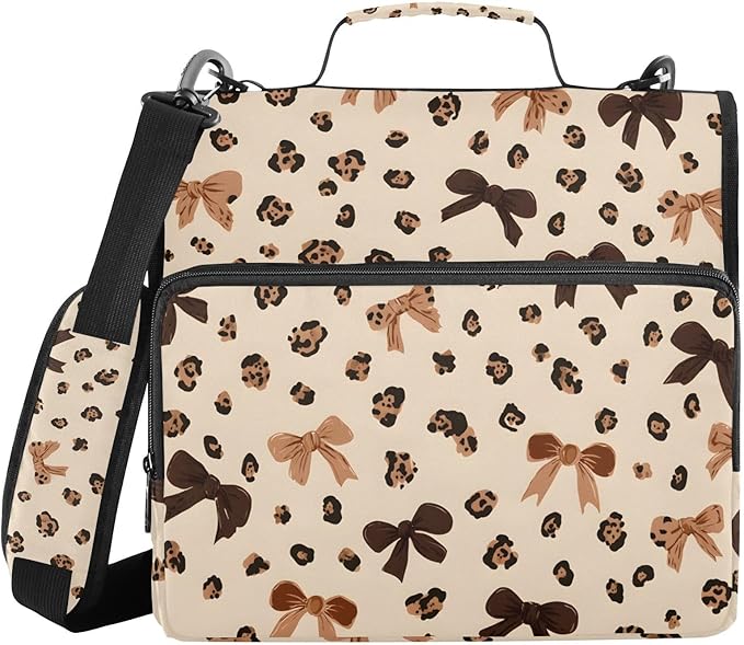 3 Ring Zipper Binder with Shoulder Strap Leopard Print Bow Pattern 1.5 inch Binders Keeper Large Capacity Multi Pockets for School Office Supplies