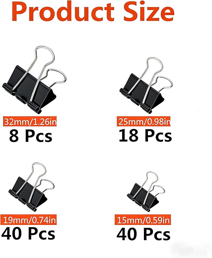 106 Pcs Black Binder Clips Paper Clamps Kit Assorted Sizes Large, Medium, Small，X Small for Paper Clips Office, School and Home