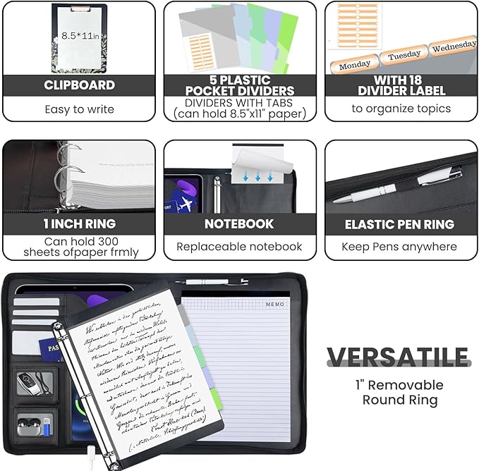 Clipboard with Storage for Men Women, Leather Padfolio Portfolio with Zipper, 1 Inch 3 Ring Binder 5 Dividers, Notepad for Letter Size, Elastic Closure and Pen Loop, Card Slot Black Flower