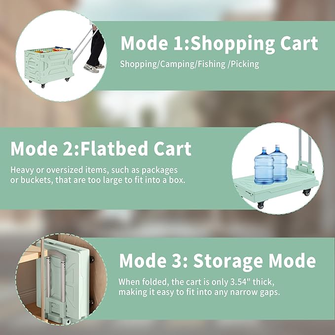 VECELO 23 GAL Modern Rolling Carts with Wheels, Foldable Utility Cart, Light Weight Platform Trucks Dolly, 4 Heavy Duty Wheels, Ideal for Shopping, Camping, Teachers, Mint Green