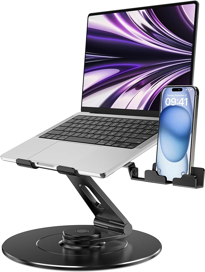 Adjustable 10-17.3" Laptop Stand for Desk with Larger Base & Phone Holder, Aluminum Desktop Organizer for Laptops, Ergonomic Laptop Riser Fits MacBook, HP, Dell, All Laptops