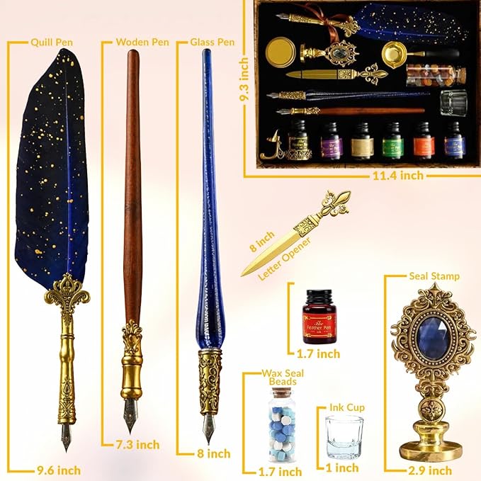 CASA BRAVA Vintage Calligraphy Set with Pen Nibs, Quill Feather Pen and Ink Set, Calligraphy Kit with Dip Pen Nibs and Wax Seal Stamp Kit, Ornate Holders, Gift Box