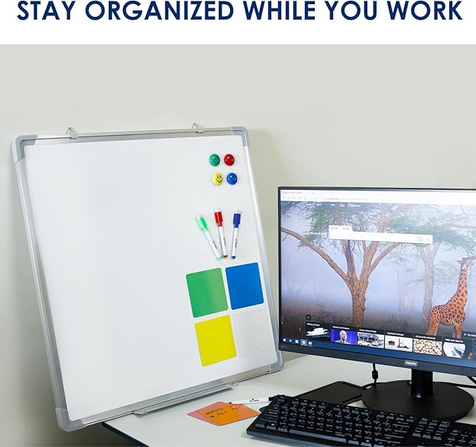 Whiteboard Set - Dry Erase Board 24 x 24 in with 1 Magnetic Eraser, 4 Dry Wipe Markers, 4 Magnets and 6 Magnetic Labels - Wall Hanging Reminder Kanban White Board for Home and Office (24x24 inch)