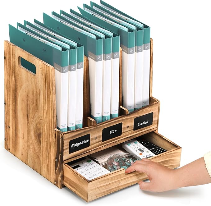 Wooden Desk File Organizer, Desktop Document Folder Holder with 3 Compartments and 1 Drawer, Desk Organizer Binder Rack with Chalkboard Label, Magazine Storage Box Mail Sorter for Office Home