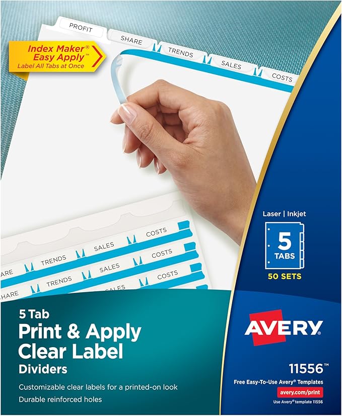 Avery 5 Tab Dividers for 3 Ring Binder, Easy Print & Apply Clear Label Strip, Index Maker Customizable White Tabs, 4-Pack of 50 Sets, 200 Sets Total (11556)