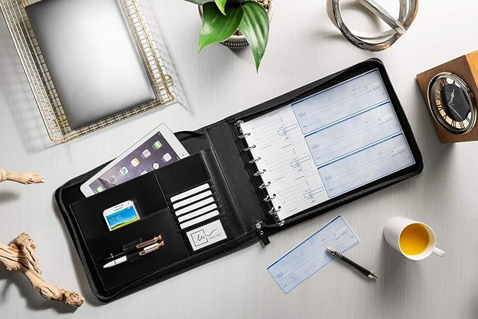 Inkline 7 Ring Check Binder Portfolio -Professional PU Leather Binder with Zippered Closure -500 Check Capacity -9x13 Inch Sheets -Document & Card Organizer - Large Tablet Pocket - Black (80001)