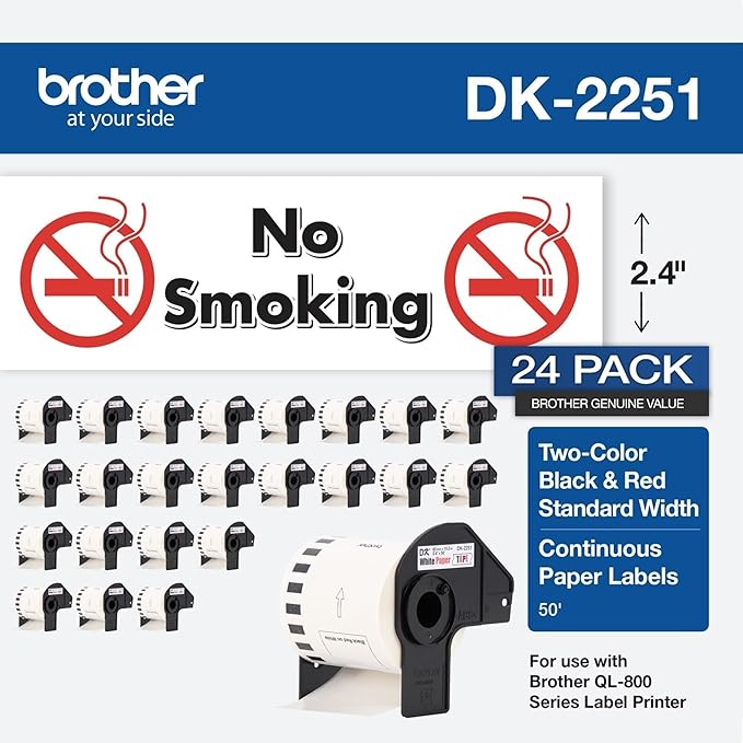 Brother Genuine DK-225124PK Continuous Length Replacement Labels, Black/Red Label on White Paper Tape, Engineered with Excellence, 2.4” x 50 feet, (24) Rolls per Box (DK225124PK)