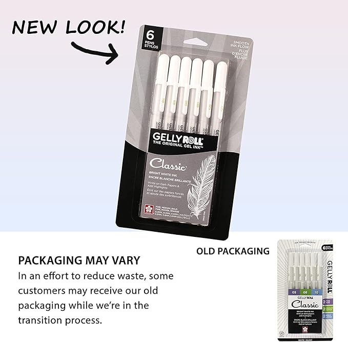 SAKURA Gelly Roll Classic Gel Pens, Opaque White Ink, Ass't Tips 05/08/10, 6 PK 57461