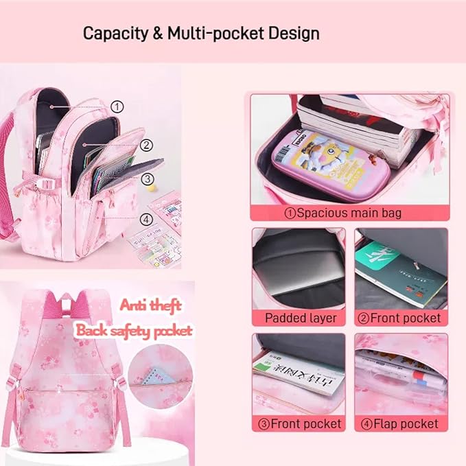 3Pcs Set Backpacks for Girls Teen, Cute Flowers School Bag Girls Bookbags with Lunch Box Pencil Bag, Multi-Pockets Kids Backpack for Elementary & Middle School, Purple