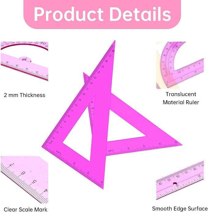 6 PCS Plastic Ruler Set Includes Transparent Ruler 12 & 6 Inch, Clear Protractor, and Triangle Rulers, Purple Rulers Math Geometry Set Measuring Tool for School Supplies Home Office Drawing