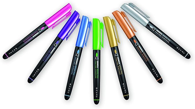 Zebra Pen, Metallic Brush Pens, Assorted Metallic Ink Colors, Medium Brush Tip Mimics Artist’s Paint Brush for Calligraphy, Acid-Free Ink for Light and Dark Paper, 7-Pack (01607)