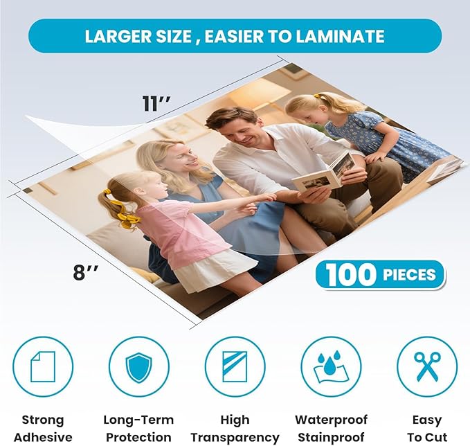 T&W SAME FILM 100 Pack Self Adhesive Laminating Sheets, 4mil, 8 x 11 Inch Laminator Sheets, Self Sealing Laminating Sheets for Laminator, Round Corner, No Heat, No Machine Needed