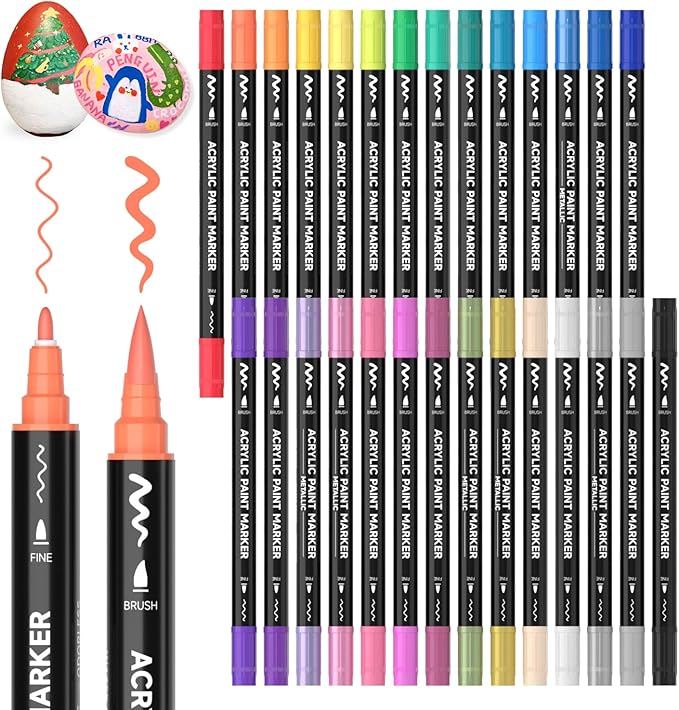 Shuttle Art 28 Colors Dual Tip Acrylic Paint Markers, Brush Tip and Fine Tip Acrylic Paint Pens for Rock, Ceramic, Wood, Canvas, Plastic, Glass, Stone, Calligraphy, Card Making, Crafts & Nail Art
