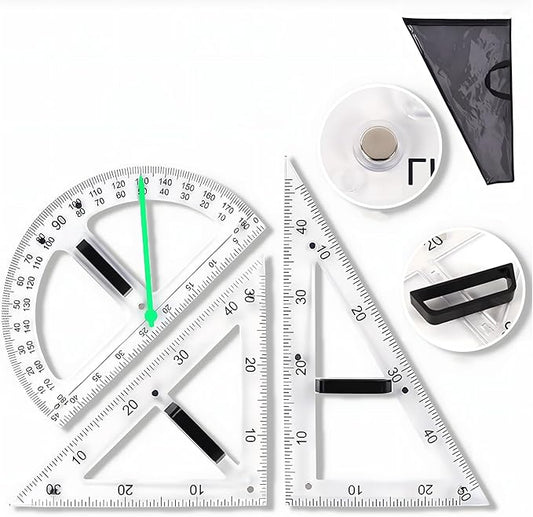 Magnetic Teaching Ruler Set with Multi-Functional Geometry Tools Durable ABS Plastic for Whiteboard Classroom Projects Student Teacher Math Supplies (Clear 3pcs)