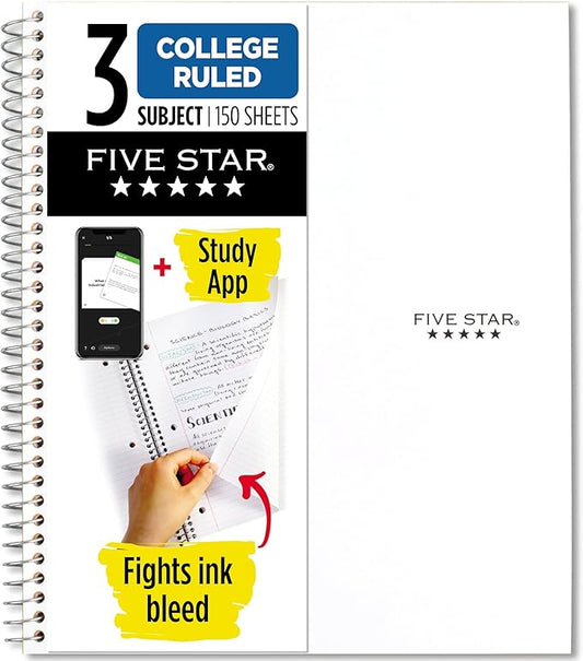 Five Star Spiral Notebook + Study App, 3 Subject, College Ruled Paper, 8-1/2" x 11", 150 Sheets, Fights Ink Bleed, Water Resistant Cover, White (72464)