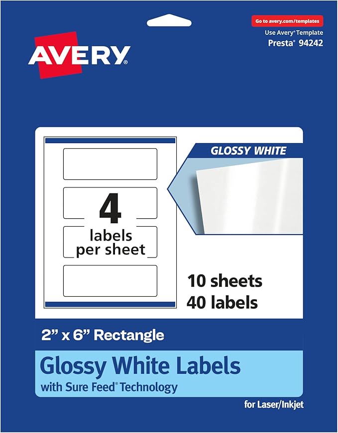 Avery Glossy White Rectangle Labels, Sure Feed Technology, 2" x 6", 40 Glossy White Labels, Print-to-The-Edge, Permanent Adhesive, Laser/Inkjet Printable
