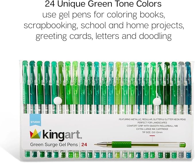 KINGART Green Tones Rollerball Gel Pens, Set of 24 Colors, XL Ink Cartridge - More Ink, All Ages, Writing, Coloring, Doodling, Scrapbooking, Journaling & More