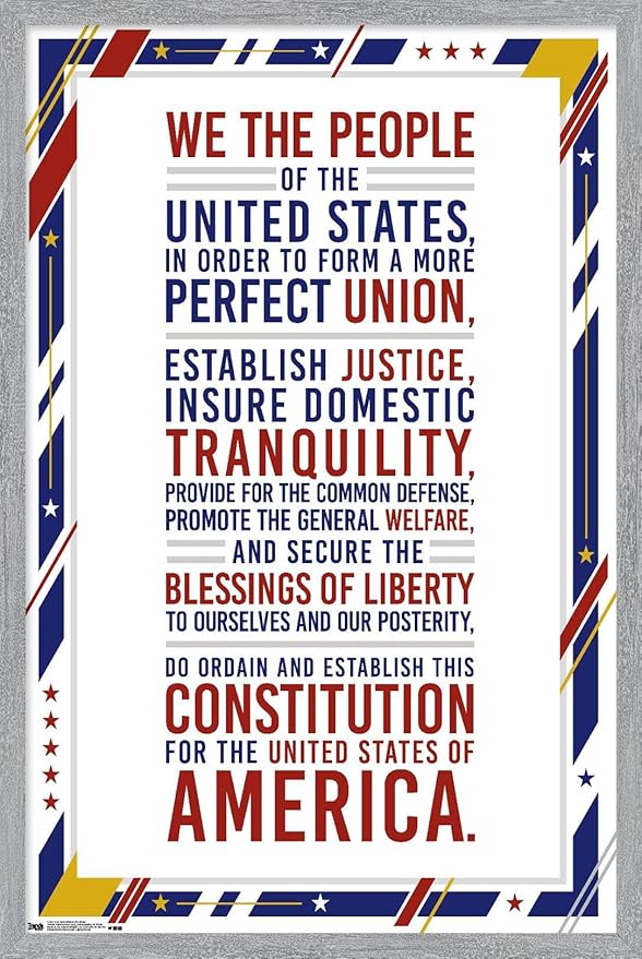 The United States Of America - Constitution Preamble Wall Poster, 34L" x 22.4W", Gray Framed Version