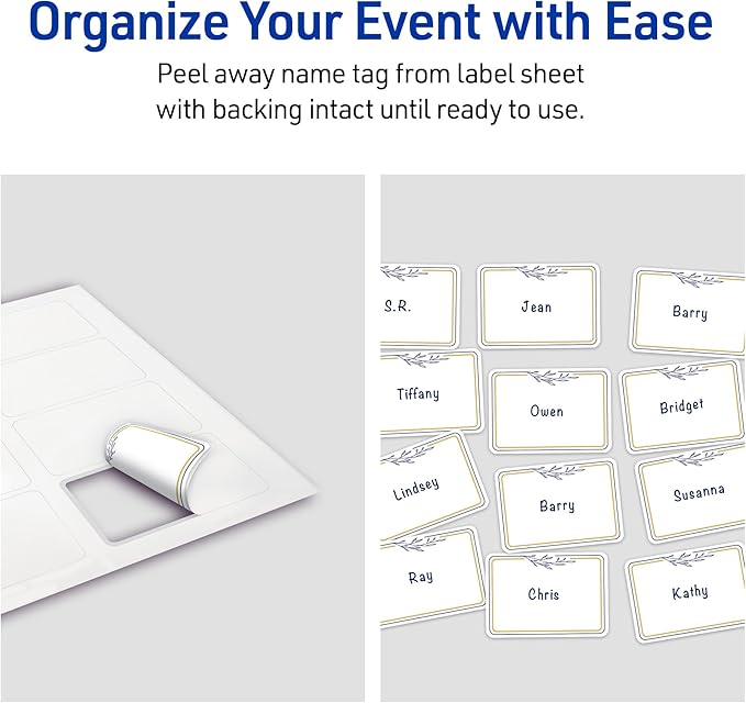 Avery Printable Adhesive Name Tags, 2-1/3" x 3-3/8", Matte White with Gold & Navy Border, Removable, Laser & Inkjet Compatible, 80 Total, Great Name Badges for Weddings & Events