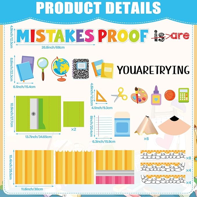 3D Back to School Bulletin Board Set Inspirational Classroom Decoration Educational Pencil Cutouts Mistakes are Proof You are Trying Bulletin Board for Teacher School Home Chalkboard Door Wall Decor