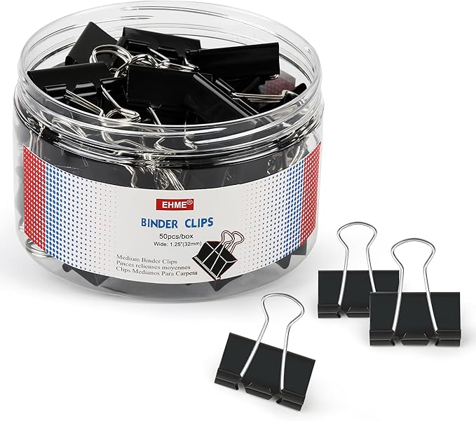 50Pcs Binder Clips Medium, Standard Medium Clips 1-1/4 Inch, Paper Clamps Clips for Office Supplies, Black, Paper Clamps for Document Clamp, File, Wide Metallic, School and Home Supplies
