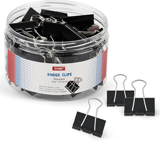 50Pcs Binder Clips Medium, Standard Medium Clips 1-1/4 Inch, Paper Clamps Clips for Office Supplies, Black, Paper Clamps for Document Clamp, File, Wide Metallic, School and Home Supplies