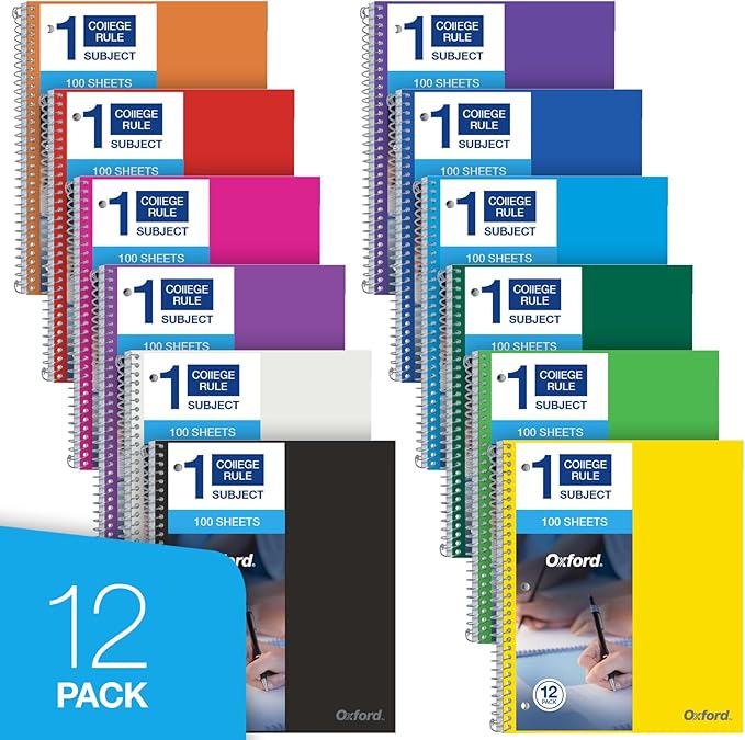 Oxford Spiral Notebook 8.5 X 11, Water Resistant Cover, 100 Sheets, College Ruled, 1 Subject - Pack of 12