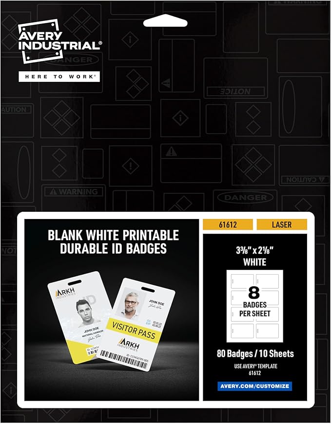 Avery Durable Tall ID Badges for Lanyards, Laser Printable on Both Sides, Blank White, 80 Total, 3.375" x 2.125" (61612)