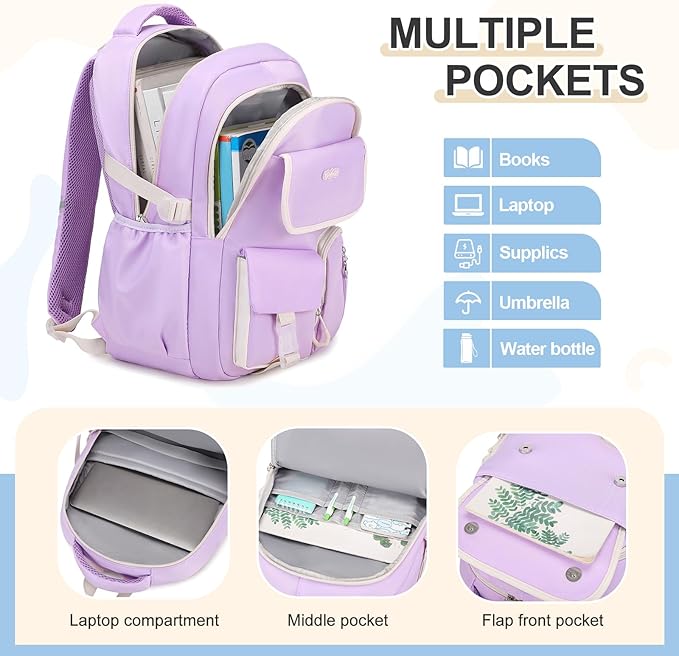 Backpacks for Girls, 3PCS School Backpack with Lunch Box Pencil Pouch for Teen Girls Kids Elementary Primary Middle High College Daypack School bag Bookbag Set（Purple）
