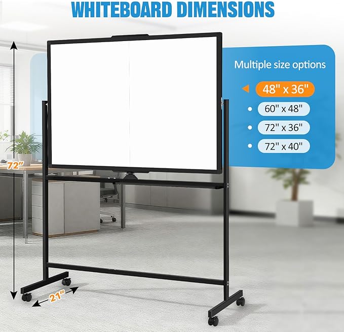 48" X 36" Large Rolling Whiteboard, 360°Rotation Magneitic White Board with Stand, Double Sides Whiteboard Easel on Wheels, Big Dry Erase Board for Office, School, Home