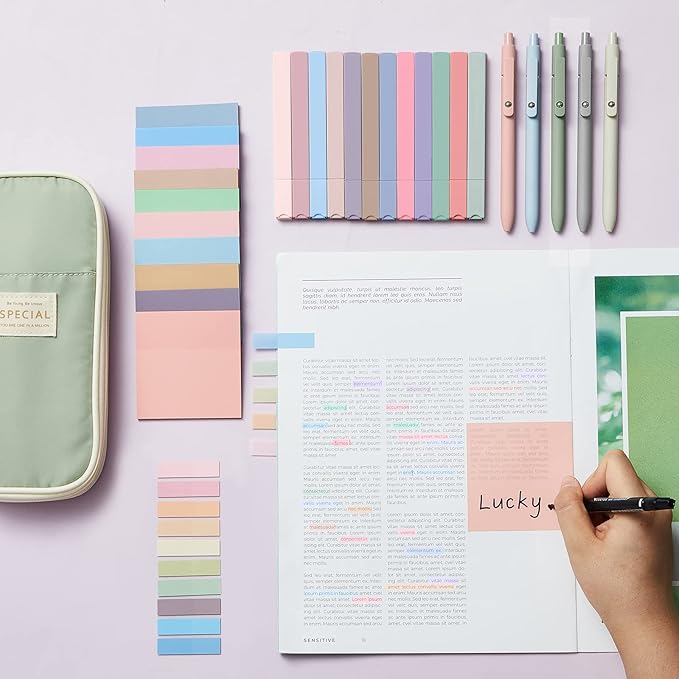 Jutom 39 Pcs Aesthetic Book Annotation Kit Highlighter with Pencil Case Bag Gel Pen Transparent Sticky Note Taking Bible Study College School Supplies (Green,Cute Style)